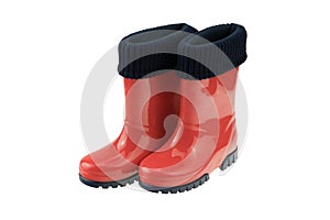 Red Rubber boots on white backround. Concept kids shoes fashion.