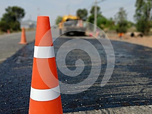 Red rubber cones installed to prevent danger in construction blur picture