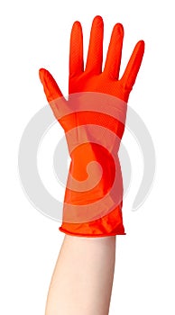 Red rubber glove, protection for skin. Isolated on white