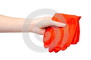 Red rubber glove, protection for skin. Isolated on white