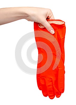 Red rubber glove, protection for skin. Isolated on white