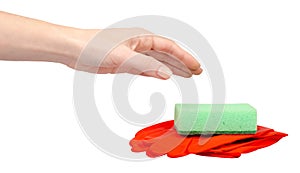 Red rubber glove, protection for skin. Isolated on white