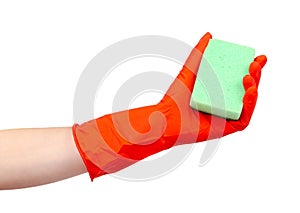 Red rubber glove, protection for skin. Isolated on white