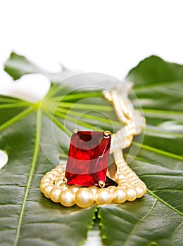 Red ruby ring and pearls