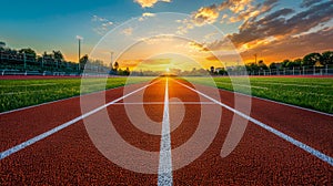 Red running track with white marking stripes without people, in sunset. Cinder treadmill in stadium.