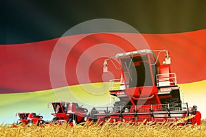 Red rural agricultural combine harvester on field with Germany flag background, food industry concept - industrial 3D illustration