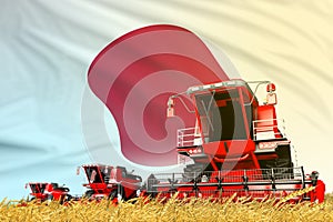 Red rye agricultural combine harvester on field with Japan flag background, food industry concept - industrial 3D illustration