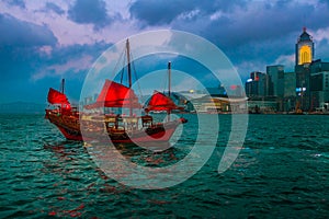 Red sail boat of Hong Kong