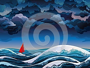 Red sailboat and stormy sky