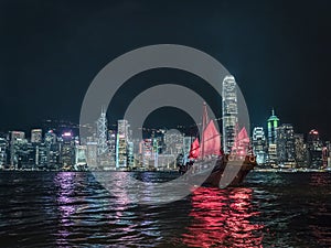 Red Sail Junk Boat on Victoria Harbour in Hong Kong