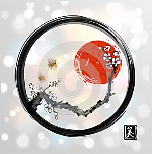 Red sakura cherry tree bllossom, red sun and two bees in black enso zen circle on white glowing background. Traditional