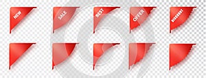 Red sale labels with distinctive corner accents, indicating enticing discounts and promotions. Realistic vector