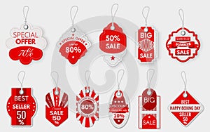 Red sale labels. Various paper discount price tags with ropes, shopping promotion pricing sign, special deal hanging label mockup