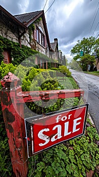 Red for sale sign prominently displayed in front of a suburban home with lush greenery, indicating a residential property