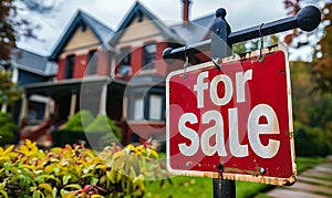 Red for sale sign prominently displayed in front of a suburban home with lush greenery, indicating a residential property