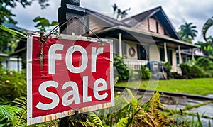 Red for sale sign prominently displayed in front of a suburban home with lush greenery, indicating a residential property