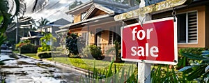 Red for sale sign prominently displayed in front of a suburban home with lush greenery, indicating a residential property