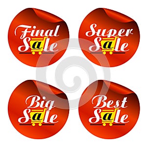 Red sale stickers final,super,big,best with yellow shopping car