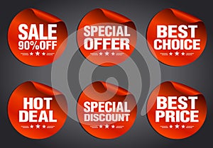 Red sale stickers set 90% off, hot deal, best choice, best price, special offer, special discount with stars on a dark background