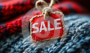 Red sale tag with bold white lettering and a twine string on a bright background, signifying discount offers and promotions