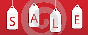 Red sale tags. Promotion discount label. Best offer in red color. Isolated advertising strings. Template of clearance icon. Blank