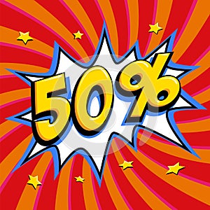 Red sale web banner. Pop art comic sale discount promotion banner. Big sale background. Sale 50 off on a Comics pop-art