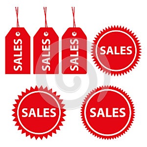 Red sales price tags and labels. Vector icons set.