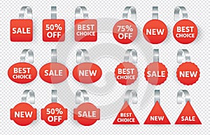 Red sales tags wobblers with text, collection tag