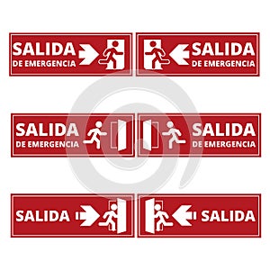 Red salida de emergencia signs on a white background (trad. emergency exit
