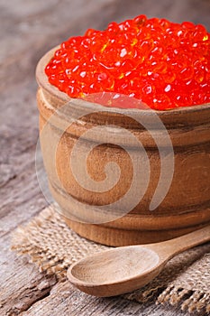 Red salmon caviar in a wooden keg vertical
