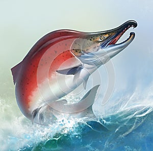 Red salmon on white background jumps out of water, spawning fish, red caviar. Red salmon realistic illustration. Big red fish on