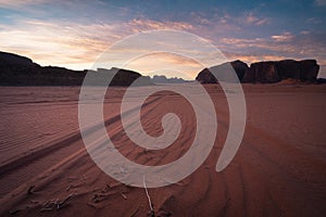 Red sand dune and mountains in Wadi Rum desert in a morning sunrise, Jordan, Arab