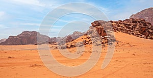 Red sand, mountains and marthian landscape of Wadi Rum desert, Jordan