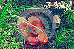 Red sandals lie on the green grass