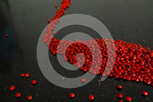 Red sandalwood Adenanthera pavonina seeds isolated on a black background. Manchadi, Manjadi, Manjetti, Peacock flower fence