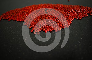 Red sandalwood Adenanthera pavonina seeds isolated on a black background. Manchadi, Manjadi, Manjetti, Peacock flower fence