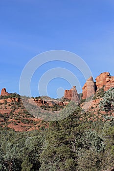 The red sandstone mountains of Sedona rising above the evergreen trees of Cococino National Forest