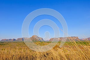 Red sandstone mountains, stone town city, beautiful landscape at Chapada dos Guimaraes, Mato Grosso, Brazil