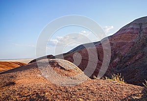 Red Sandstone outcrops on the slopes of the sacred mountain Bolshoe Bogdo in the Caspian steppe bogdino-Baskunchak nature reserve