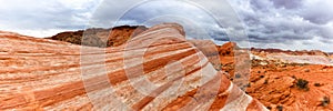 Red sandstone rock formation Fire Wave inside Valley of Fire State Park panorama in Nevada in the United States