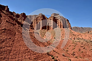 Red sandstone rocks of Konorchek gorge,it is called the Kyrgyz Grand Canyon,Issyk-Kul region,Central Asia, famous hiking place