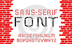 Red sans-serif modern font on old brick wall background