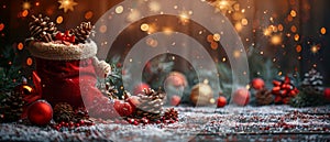 Red Santa boot with gifts and cones, hanging golden balls on wooden wall background and glowing stars. New Year winter