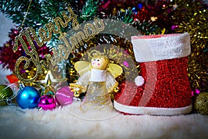 Red Santa claus boot and chrismas doll