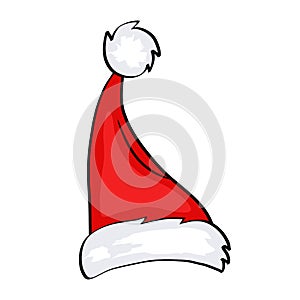 Red Santa Claus hat in cartoon style on white for christmas card design, stock vector illustration