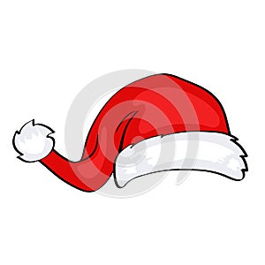 Red Santa Claus hat in cartoon style on white for christmas card design, stock vector illustration