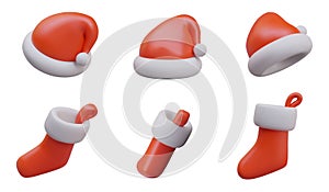 Red Santa Claus hat and Christmas stocking for gifts. Vector objects, view from different sides