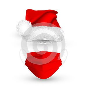 Red Santa Claus hat and medical face mask for Christmas holidays. Gradient mesh details 3d medical mask and Santa Claus hat.