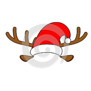 Red Santa Claus hat with white fur and hoop in the form of deer antlers. Vector objects isolated on white background. Christmas