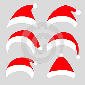 Red Santa Claus hats cap. Santa hat icon set. Merry Christmas New Year xmas sign symbol. Cute cartoon template for greeting cards